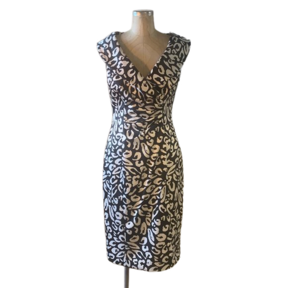Kay Unger Fitted Sleeveless Black White Cheetah Print Cocktail Dress Womens Sz 2